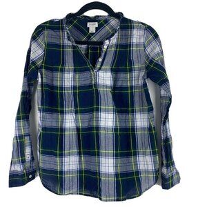 J. Crew Factory Women's Popover Top Size 2 Plaid Green Blue Lightweight Cotton